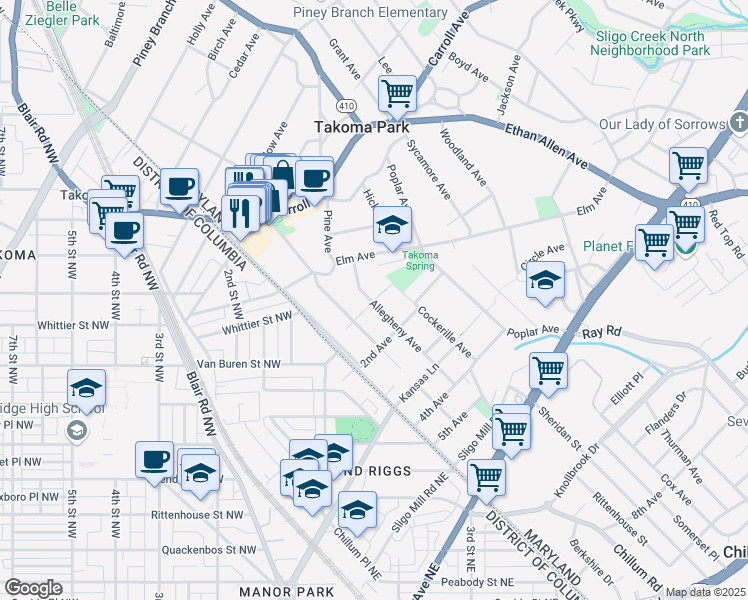 map of restaurants, bars, coffee shops, grocery stores, and more near 214 1st Avenue in Takoma Park