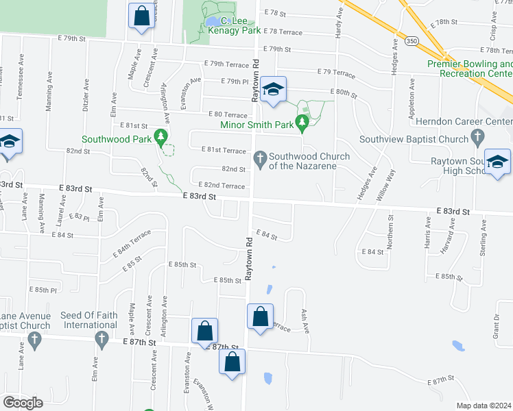 map of restaurants, bars, coffee shops, grocery stores, and more near 10001 East 83rd Street in Raytown
