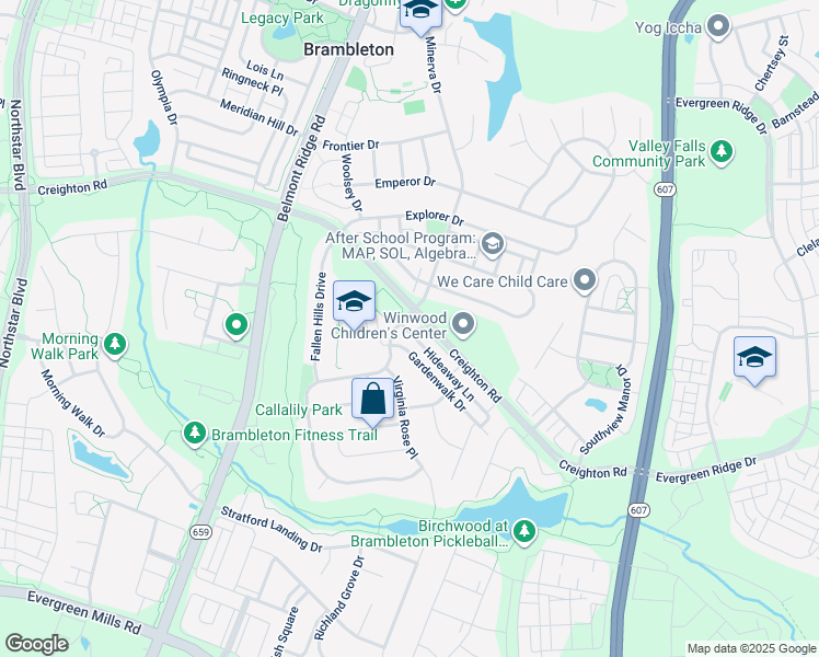 map of restaurants, bars, coffee shops, grocery stores, and more near 23158 Minerva Drive in Brambleton