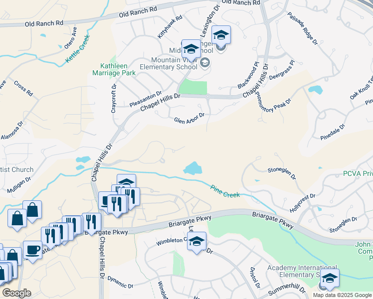 map of restaurants, bars, coffee shops, grocery stores, and more near 2690 Willow Grass Court in Colorado Springs