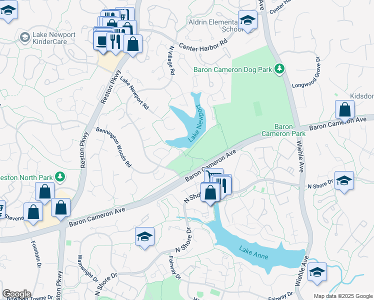 map of restaurants, bars, coffee shops, grocery stores, and more near 11450 Baron Cameron Avenue in Reston