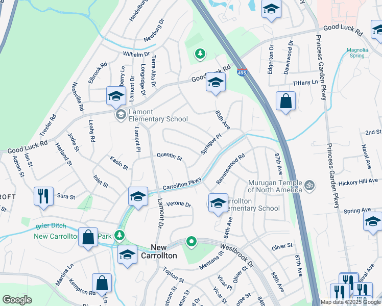 map of restaurants, bars, coffee shops, grocery stores, and more near 6404 Fairborn Terrace in New Carrollton