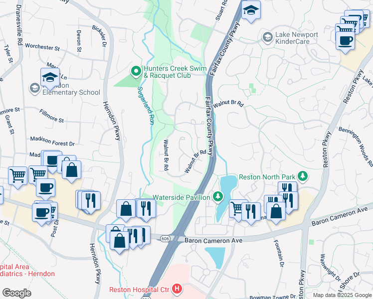 map of restaurants, bars, coffee shops, grocery stores, and more near 1651 Sierra Woods Drive in Reston
