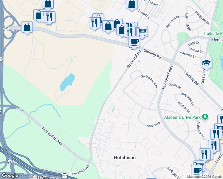 map of restaurants, bars, coffee shops, grocery stores, and more near 2070 Rock Hill Road in Herndon