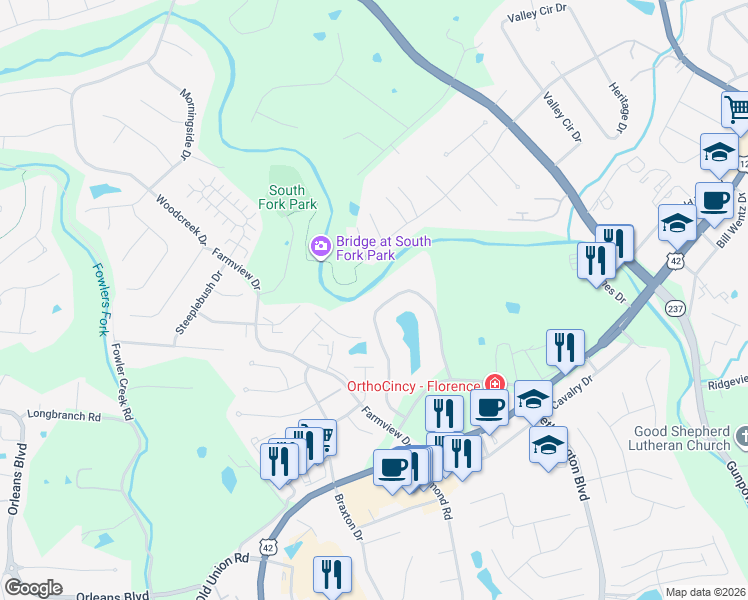 map of restaurants, bars, coffee shops, grocery stores, and more near 1100 Periwinkle Drive in Florence