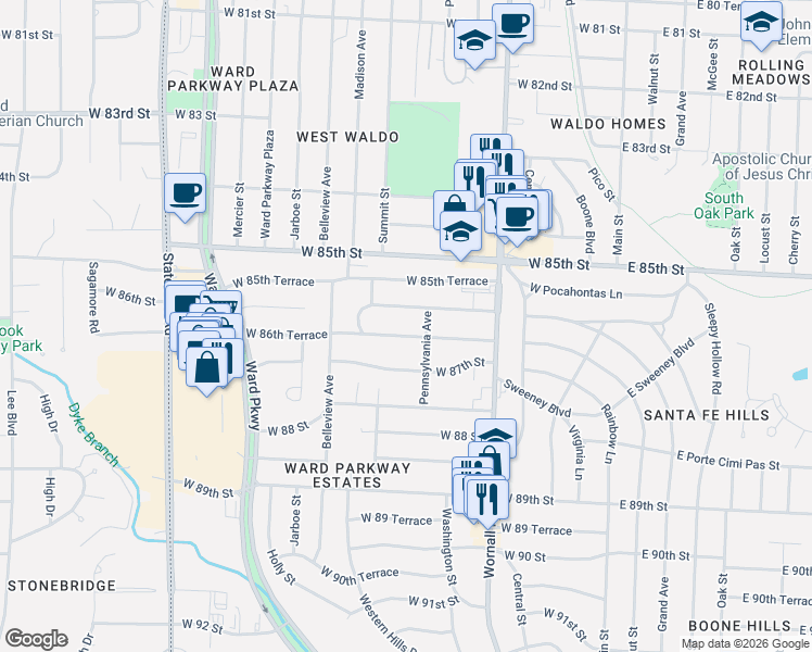 map of restaurants, bars, coffee shops, grocery stores, and more near 611 West 86th Terrace in Kansas City