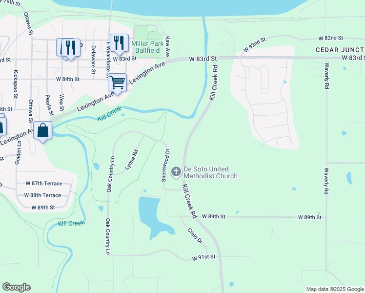 map of restaurants, bars, coffee shops, grocery stores, and more near 8650 Kill Creek Road in De Soto