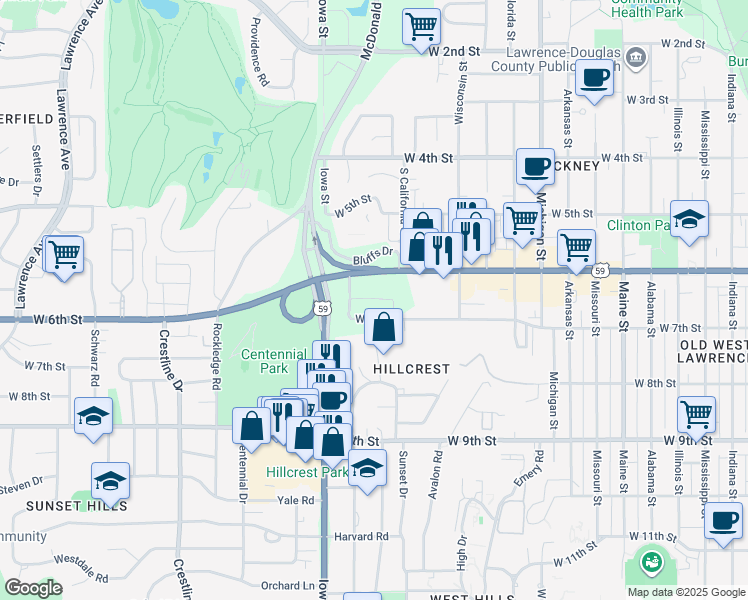 map of restaurants, bars, coffee shops, grocery stores, and more near 2001 West 6th Street in Lawrence