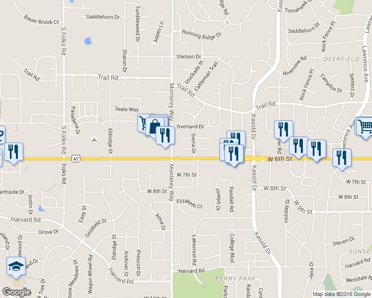 map of restaurants, bars, coffee shops, grocery stores, and more near 3811 Pinnacle Circle in Lawrence