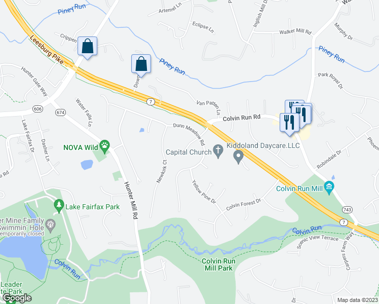 map of restaurants, bars, coffee shops, grocery stores, and more near 1215 Delta Glen Court in Vienna