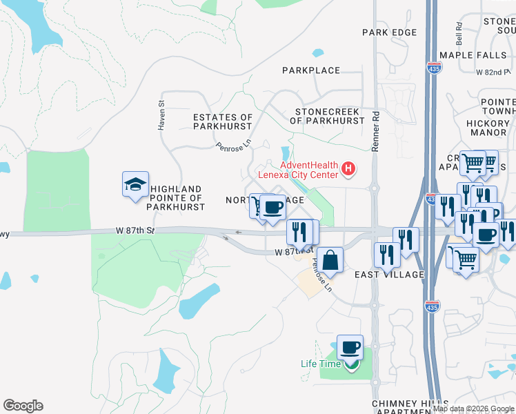 map of restaurants, bars, coffee shops, grocery stores, and more near 17410 West 86th Terrace in Lenexa