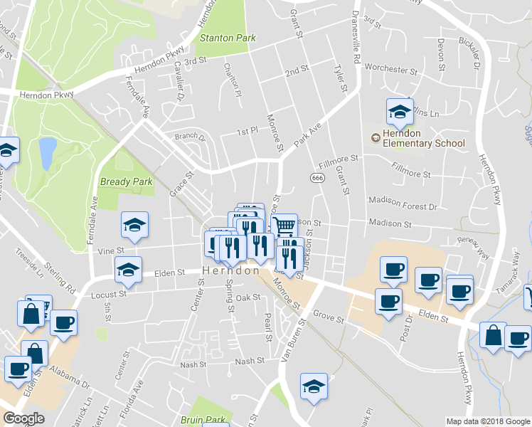 map of restaurants, bars, coffee shops, grocery stores, and more near 763 Monroe Street in Herndon