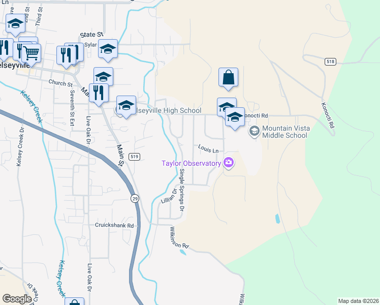map of restaurants, bars, coffee shops, grocery stores, and more near 5687 Konocti Terrace Drive in Kelseyville