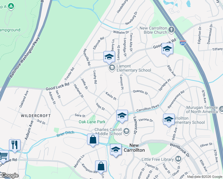map of restaurants, bars, coffee shops, grocery stores, and more near 6404 Kaslo Court in New Carrollton