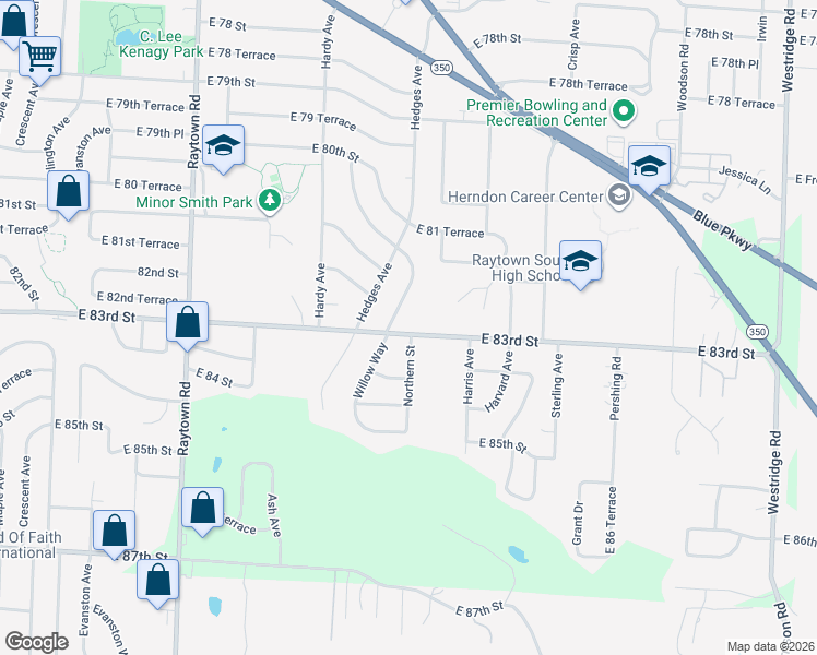 map of restaurants, bars, coffee shops, grocery stores, and more near 8306 Northern Street in Raytown