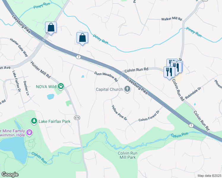 map of restaurants, bars, coffee shops, grocery stores, and more near 1215 Delta Glen Court in Vienna