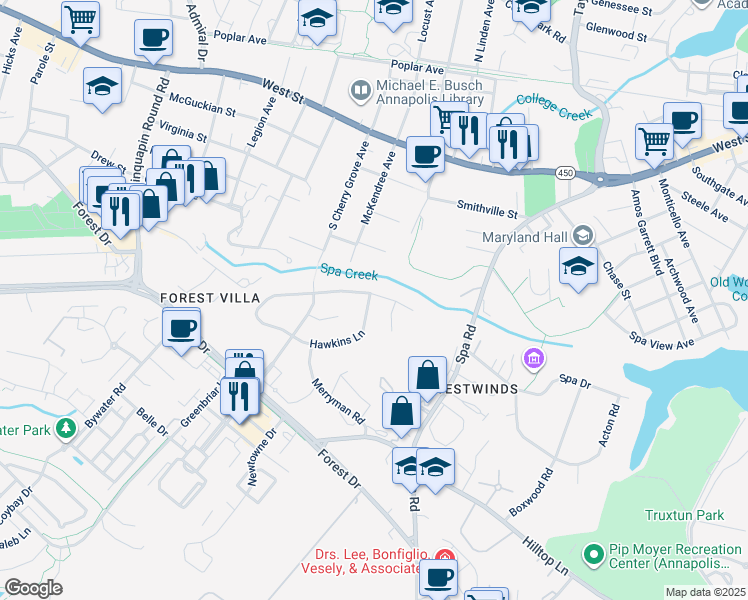 map of restaurants, bars, coffee shops, grocery stores, and more near 1301 Hawkins Lane in Annapolis