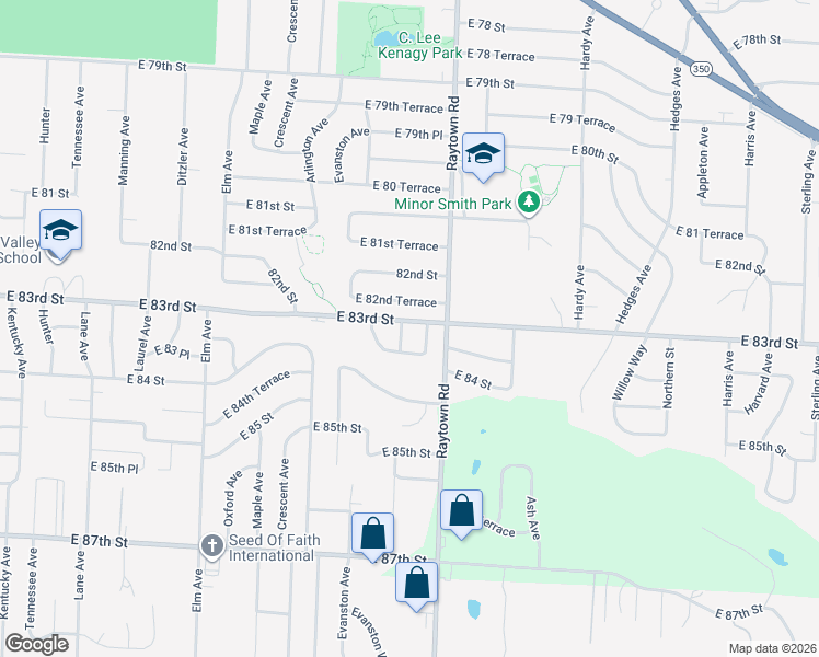map of restaurants, bars, coffee shops, grocery stores, and more near 9805 East 83 Terrace in Raytown
