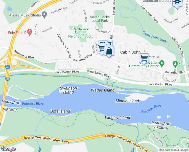 map of restaurants, bars, coffee shops, grocery stores, and more near 8004 Riverside Drive in Cabin John