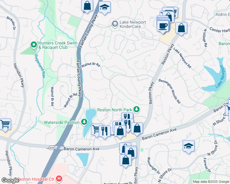 map of restaurants, bars, coffee shops, grocery stores, and more near 1601 Fieldthorn Drive in Reston