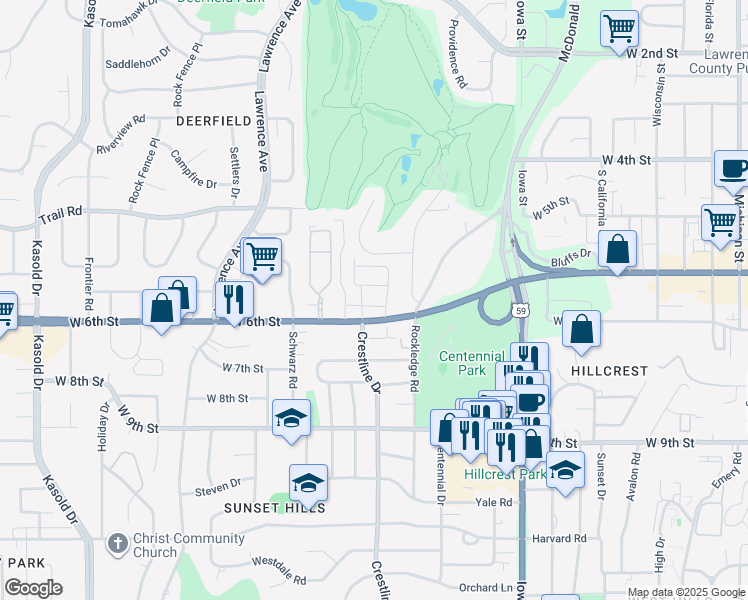 map of restaurants, bars, coffee shops, grocery stores, and more near 2441 U.S. 40 in Lawrence