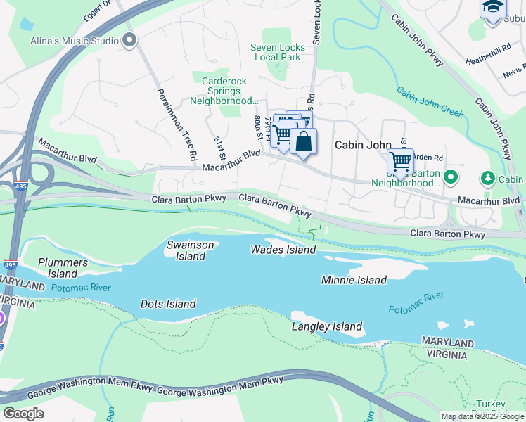 map of restaurants, bars, coffee shops, grocery stores, and more near 8004 Riverside Drive in Cabin John