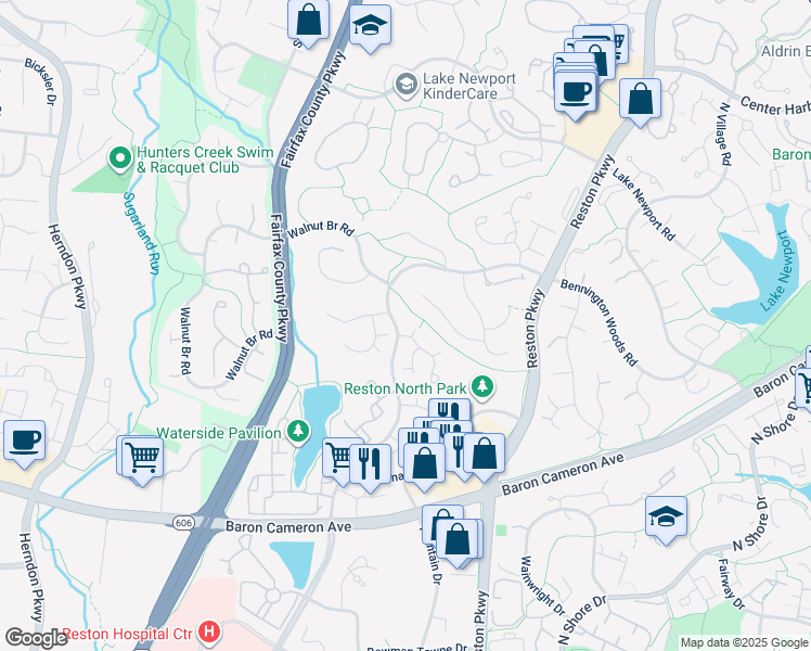 map of restaurants, bars, coffee shops, grocery stores, and more near 1601 Fieldthorn Drive in Reston