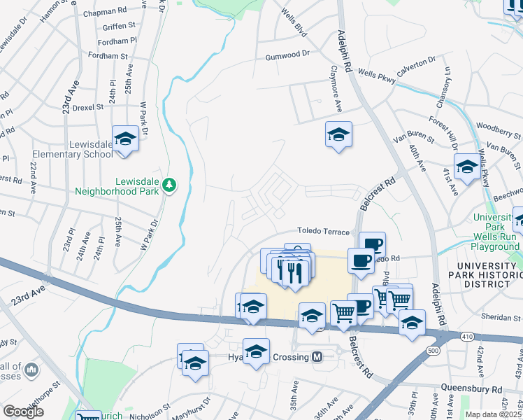map of restaurants, bars, coffee shops, grocery stores, and more near 6757 Northwest Drive in Chillum