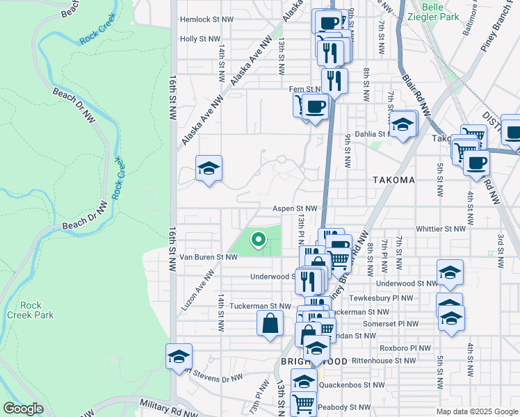 map of restaurants, bars, coffee shops, grocery stores, and more near 1349 Aspen Street Northwest in Washington