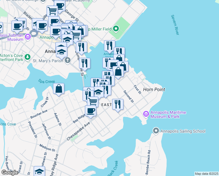 map of restaurants, bars, coffee shops, grocery stores, and more near 312 Severn Avenue in Annapolis