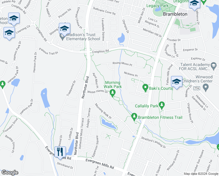 map of restaurants, bars, coffee shops, grocery stores, and more near 23281 Morning Walk Drive in Ashburn