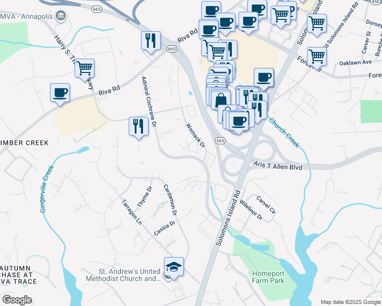 map of restaurants, bars, coffee shops, grocery stores, and more near 547 Leftwich Lane in Annapolis
