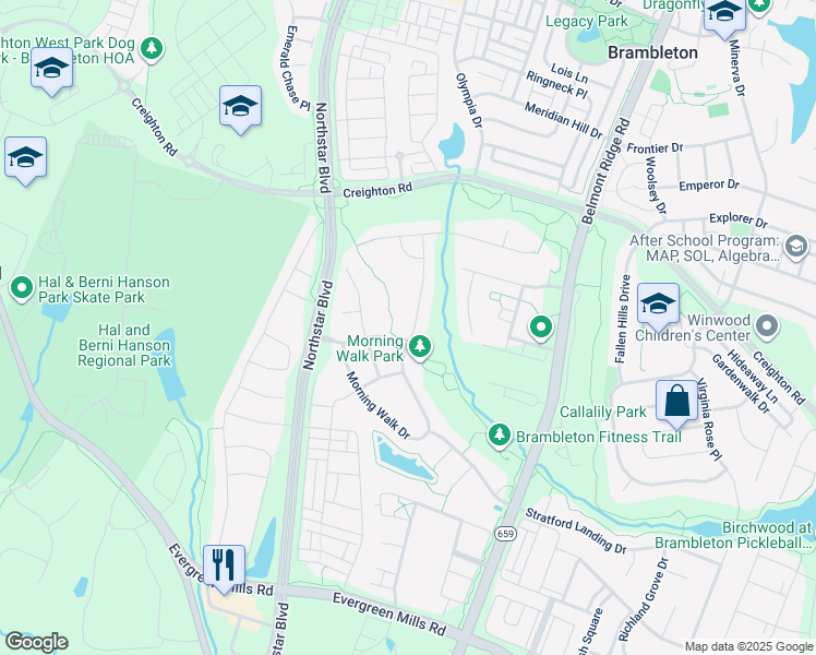 map of restaurants, bars, coffee shops, grocery stores, and more near 23281 Morning Walk Drive in Ashburn