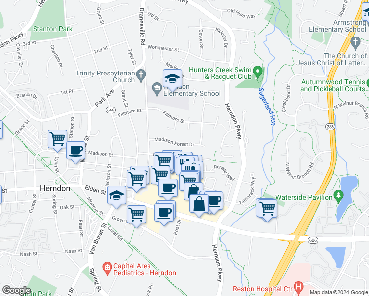 map of restaurants, bars, coffee shops, grocery stores, and more near 417 Madison Forest Drive in Herndon
