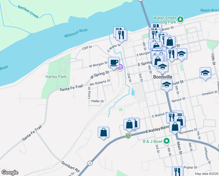 map of restaurants, bars, coffee shops, grocery stores, and more near 505-699 West St in Boonville