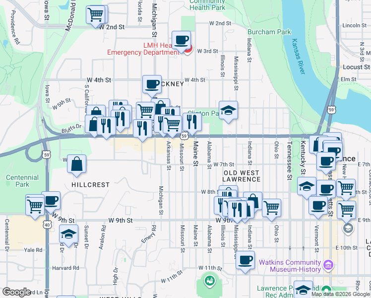 map of restaurants, bars, coffee shops, grocery stores, and more near 1107 West 6th Street in Lawrence