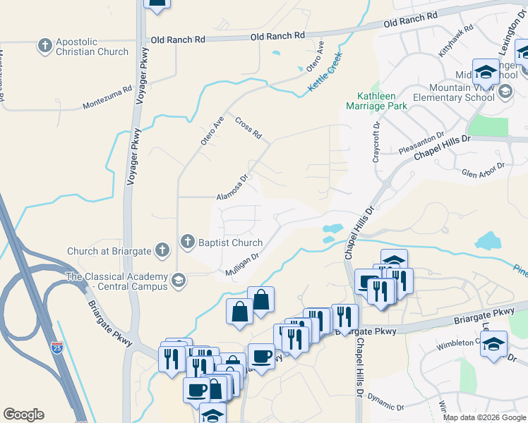 map of restaurants, bars, coffee shops, grocery stores, and more near 2130 Springcrest Road in Colorado Springs
