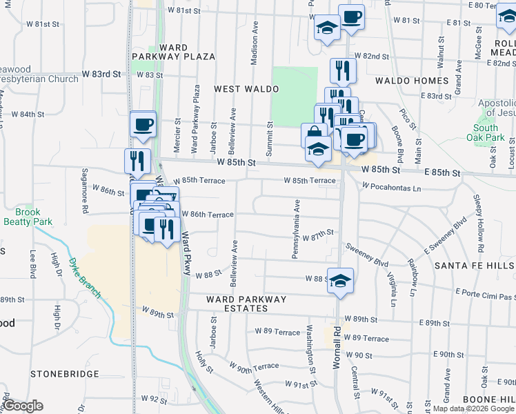 map of restaurants, bars, coffee shops, grocery stores, and more near 8600 Summit Street in Kansas City
