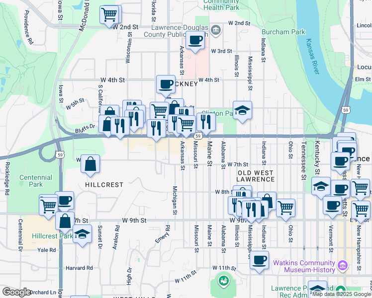 map of restaurants, bars, coffee shops, grocery stores, and more near 1215 U.S. 59 in Lawrence