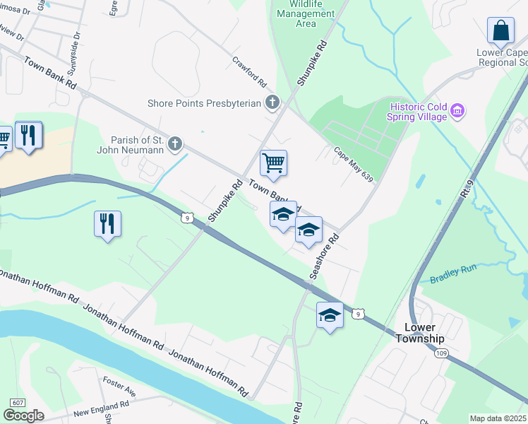 map of restaurants, bars, coffee shops, grocery stores, and more near 700 Town Bank Road in Cape May