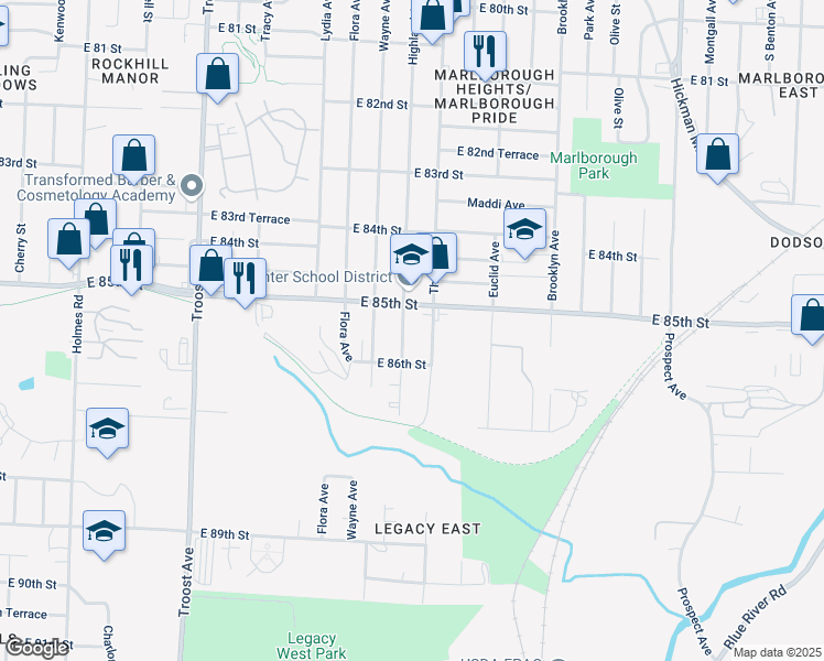 map of restaurants, bars, coffee shops, grocery stores, and more near 8515 Highland Avenue in Kansas City