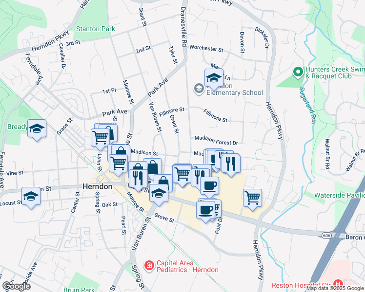 map of restaurants, bars, coffee shops, grocery stores, and more near 804 Grant Street in Herndon