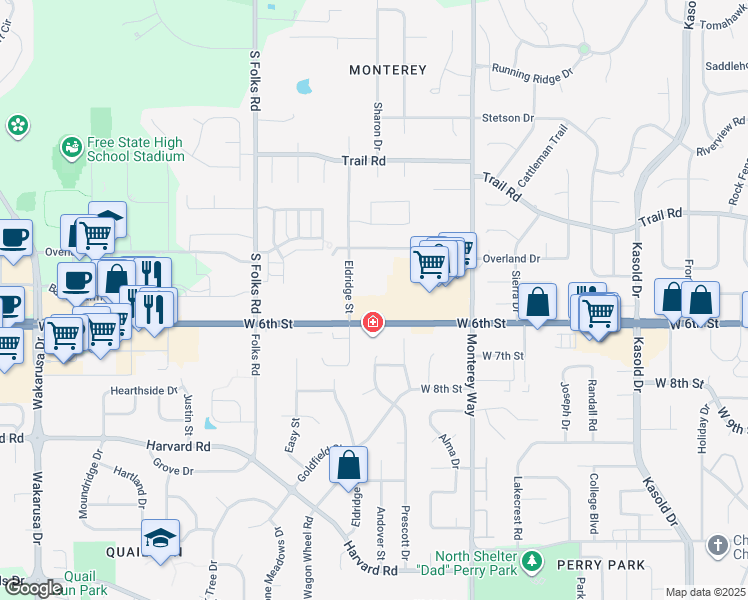 map of restaurants, bars, coffee shops, grocery stores, and more near 530 Eldridge Street in Lawrence