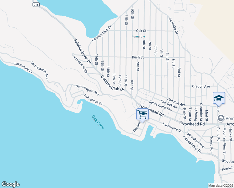 map of restaurants, bars, coffee shops, grocery stores, and more near 13270 Arrowhead Road in Clearlake