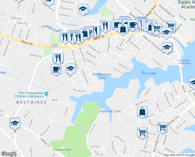 map of restaurants, bars, coffee shops, grocery stores, and more near 24 Spa View Circle in Annapolis