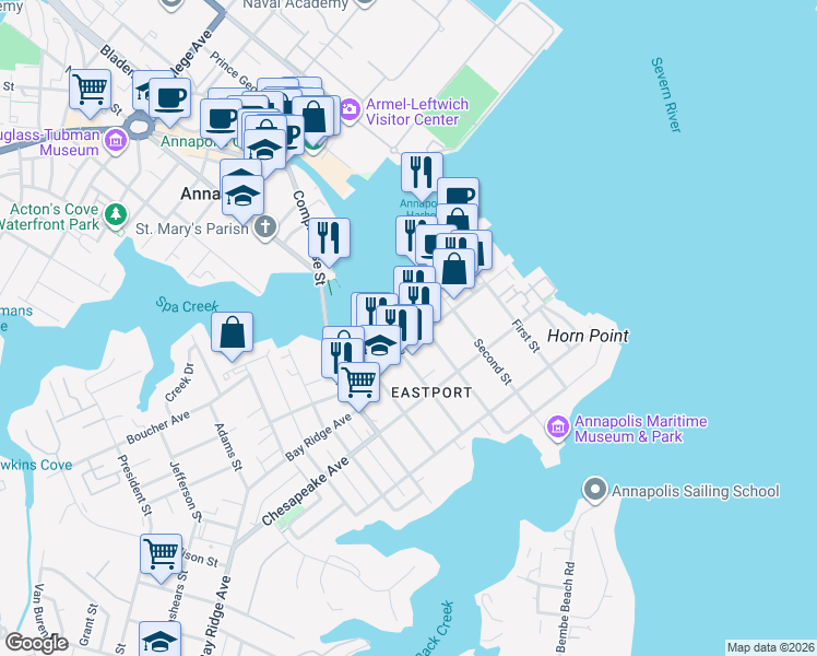 map of restaurants, bars, coffee shops, grocery stores, and more near 312 Severn Avenue in Annapolis