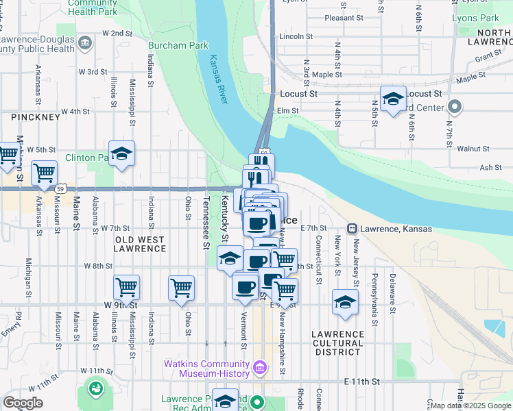map of restaurants, bars, coffee shops, grocery stores, and more near in Lawrence