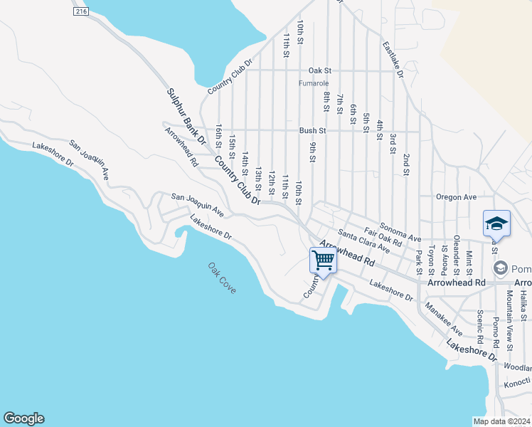 map of restaurants, bars, coffee shops, grocery stores, and more near 13270 Arrowhead Road in Clearlake