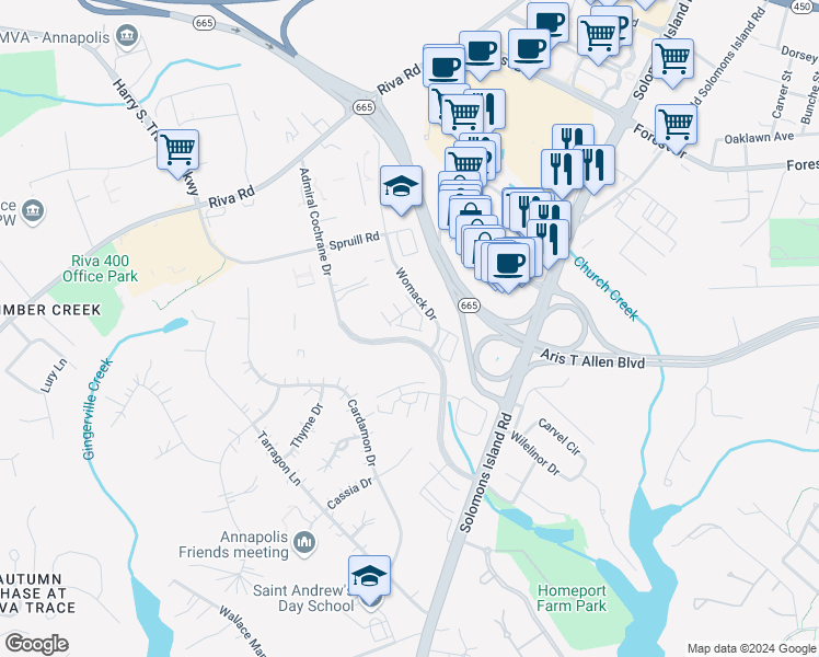 map of restaurants, bars, coffee shops, grocery stores, and more near 547 Leftwich Lane in Annapolis