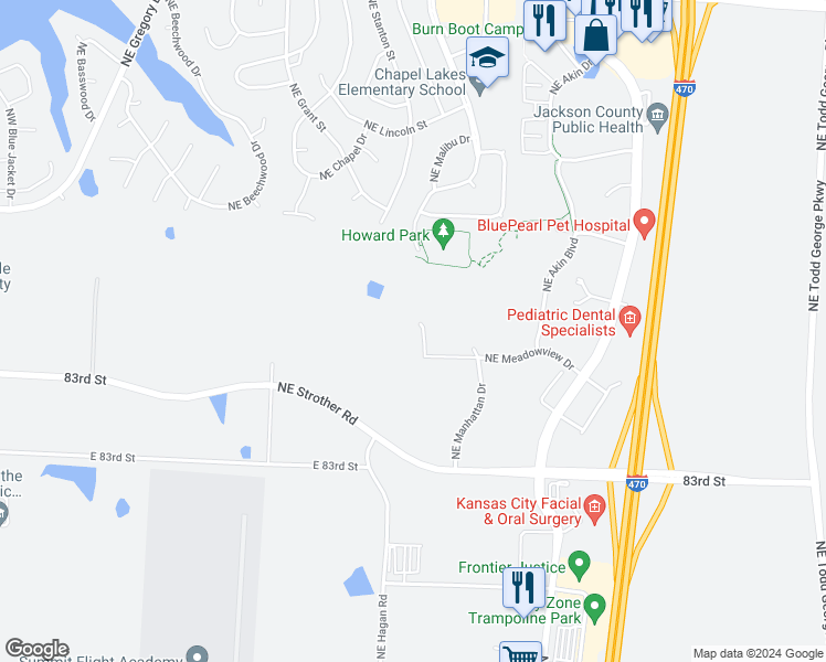 map of restaurants, bars, coffee shops, grocery stores, and more near 3320 Northeast Wilshire Drive in Lee's Summit